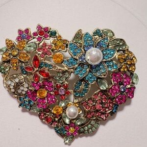 Vibrant multicolor rhinestone Floral Heart Brooch